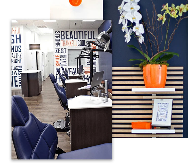 photo of office shots around the clinic featuring the dental stations and a colorful bouquet of flowers