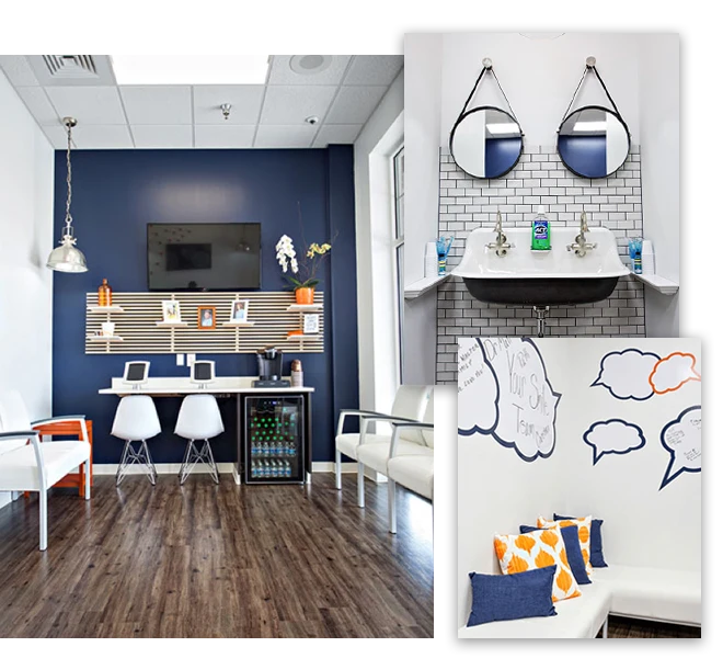 a photo collage of areas around the office depicting the waiting area, a sink with mirrors, and a wall of comments